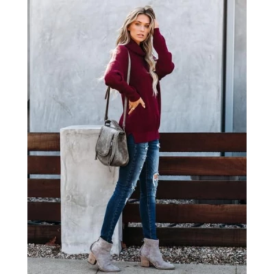 WISH UPON A SNOWFLAKE KNIT TURTLENECK SWEATER - WINE