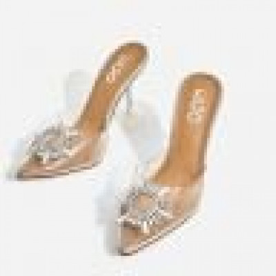 Midnight Diamante Detail Perspex Clear Heel Mule In Silver Holographic Faux Leather
