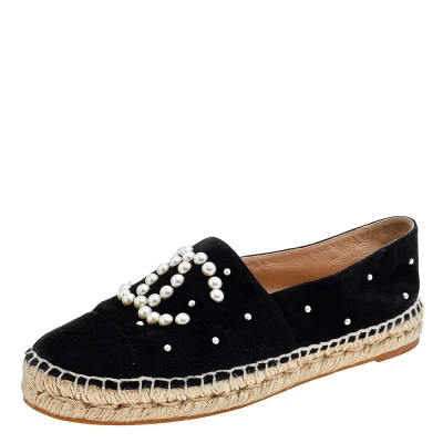 Chanel Black Suede And Faux Pearl CC Espadrille Flats