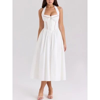 EMILIA White Cotton Halter Neck Midi Dress