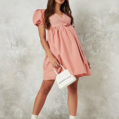 Peach Poplin Puff Sleeve Maternity Mini Dress