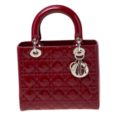 Dior Red Patent Cannage Quilted Leather Medium Lady Dior Tote
