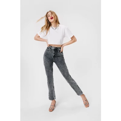 Womens Acid Wash Out for Us High-Waisted Mom Jeans - Grey - 6, Grey