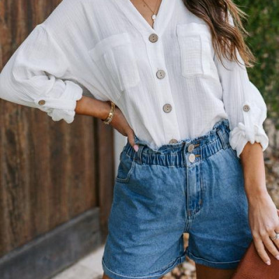 Santa Fe Cotton Button Down Pocket Top - Off White