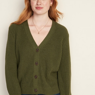 Shaker-Stitch V-Neck Cardigan for Women