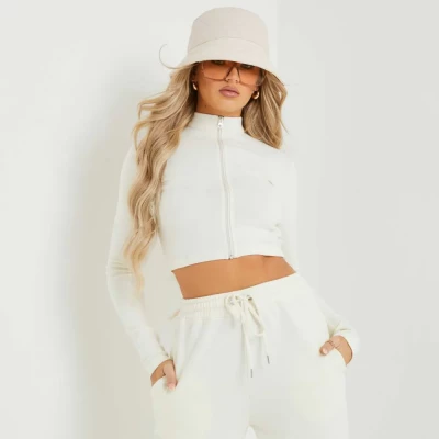 Long Sleeve High Neck Zip Up Crop Top In Cream Nude