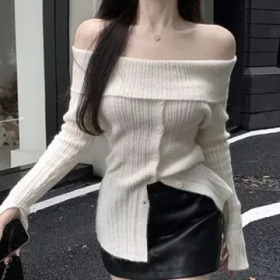 Off-Shoulder Ribbed-Knit Crop Sweater