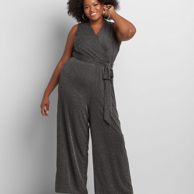 Lane Bryant Womens Crossover Metallic-Striped Jumpsuit 10/12 Black