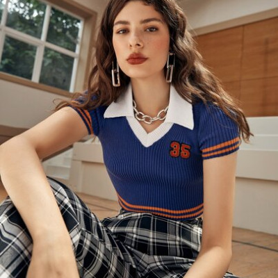 Number Patched Striped Trim Knit Top