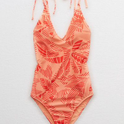 Aerie V One Piece Swimsuit Womens Neon Peach
