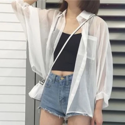 Long-Sleeve Collar Oversized Sheer Shirt