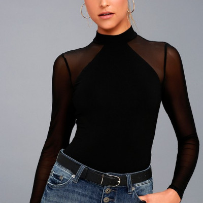 Entrancing Black Mesh Long Sleeve Bodysuit | Lulus