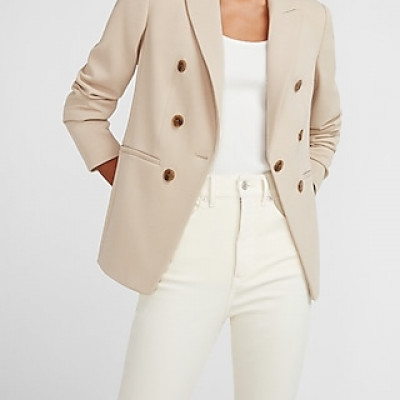 Double Breasted Knit Cropped Business Blazer Neutral Womens