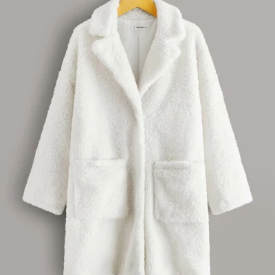 Girls Notched Collar Pocket Front Teddy Coat