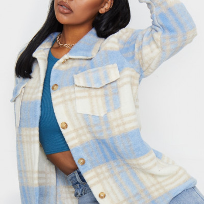 Blue Brushed Check Print Shacket