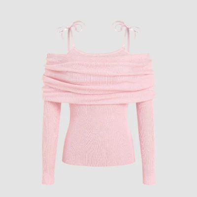 Wool-Blend Off-shoulder Bowknot Knitted Long Sleeve Top