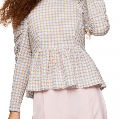 Womens Topshop Check Gathered Sleeve Seersucker Blouse