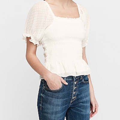 Square Neck Puff Sleeve Top White Womens