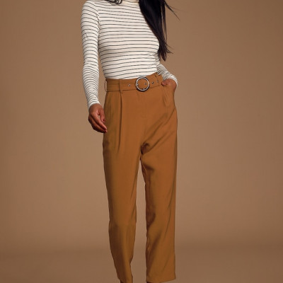 Find Your Stride Camel Belted Tapered Trouser Pants | Lulus