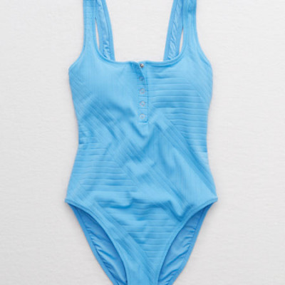 Aerie XO Ribbed Henley One Piece Swimsuit Womens Blue Vinyl
