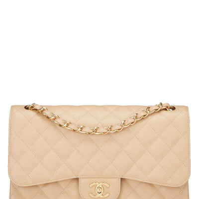 Chanel Beige Quilted Caviar New Classic Double Flap Jumbo Handbag