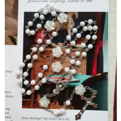 White Rose Plastic Rosary Necklace Long Cross Jewelry