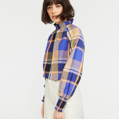 Plaid Smocked Neck Blouse