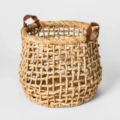 13.8" x 11.8" Decorative Water Hyacinth Basket with Leather Handles Natural