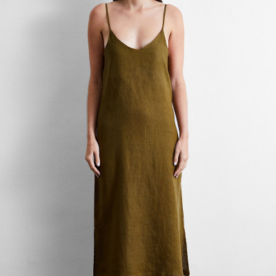 100% French Flax Linen Midi Dress in Khaki