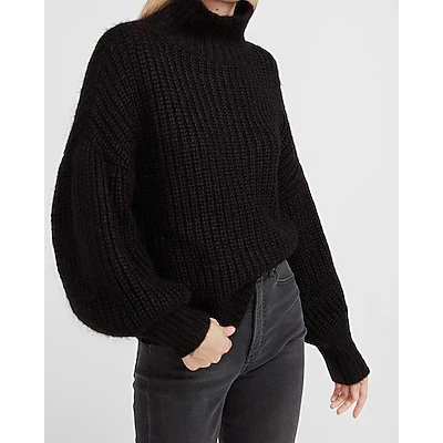 Chunky Balloon Sleeve Turtleneck Sweater Black Womens