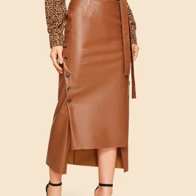 60S Double Button Asymmetrical Hem Belted Faux Leather Skirt