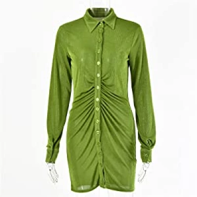 Women Sexy Elegant Pleated Turn-Down Collar Button Blouse Dress Long Sleeve Ruched Mini Dress