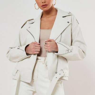 Cream Faux Leather Oversized Biker Jacket