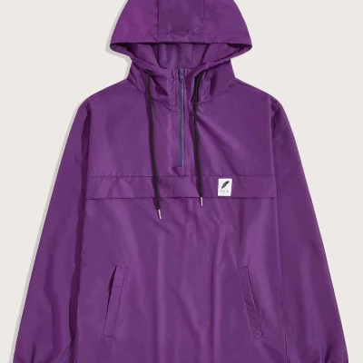 Men Zip Half Placket Drawstring Hooded Wind Jacket
