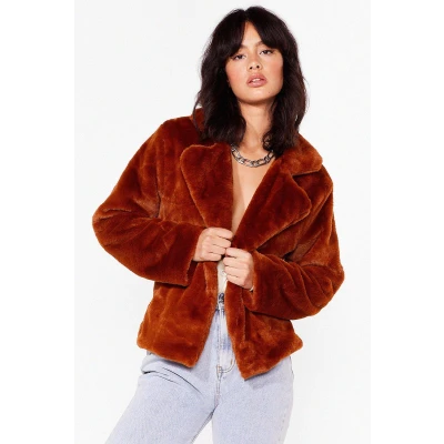 Womens Keep in Touch Belted Faux Fur Jacket - Orange - 8, Orange
