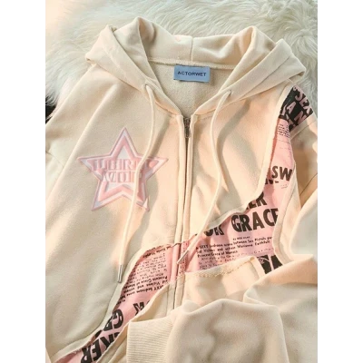 Deeptown Y2K Vintage Zip Up Hoodies Women Harajuku Hip Hop Letter Print Sweatshirts Gothic Streetwear Loose Patchwork Tops Coats