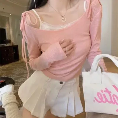 Balletcore Long-Sleeve Off-Shoulder Plain Slim Fit Mock Two Piece T-Shirt/ T-Shirt / Lace Trim Crop Cami Top / High Waist Pleated Skort
