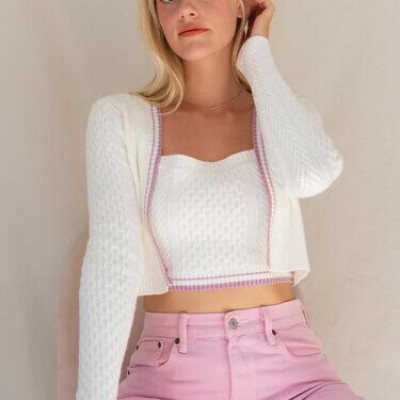 CALIstyle Style Muse Cardigan Set In White/Lavender