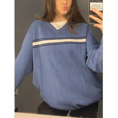 V Neck Striped Pullover Sweater