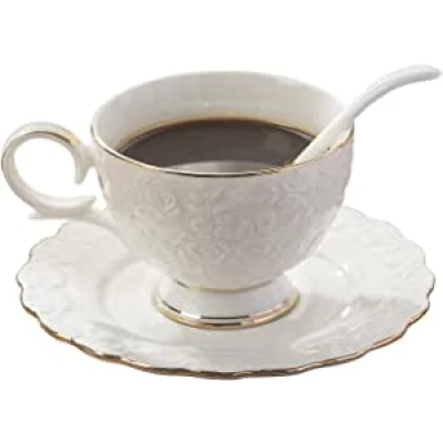 Amazon.com | Elegant retro bone china coffee cup set (1 cup, 1 saucer, 1 spoon) ceramic milk, flower tea, black tea cup container (1 White): Cup &amp; Saucer Sets