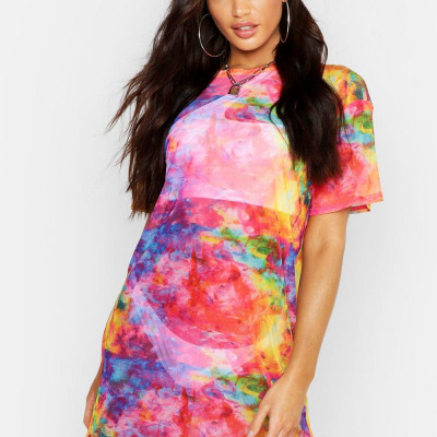 Rainbow Tie Dye Mesh Beach Dress- multi