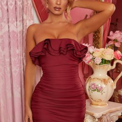 Ruffle Me Up Strapless Frill Mini Dress in Plum