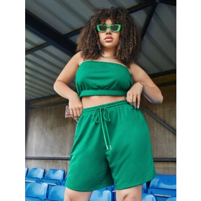 SHEIN Plus Solid Tube Top &amp; Track Shorts Set