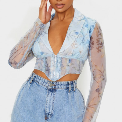 Blue Floral Sheer Organza Pointed Hem Shirt
