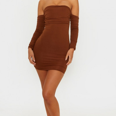 Chocolate Brown Slinky Ruched Bodice Bardot Sleeve Bodycon Dress