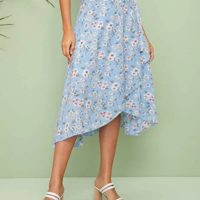 Floral Print Tie Side Wrap Asymmetrical Skirt