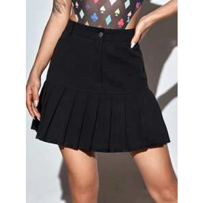 Zipper Fly Pleated Hem Skirt