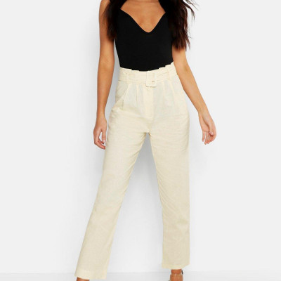 Linen Mix Paperbag Belted Pants- ecru