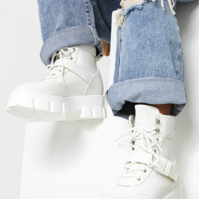White Extreme Chunky Sole Buckle Clasp Hiker Boots