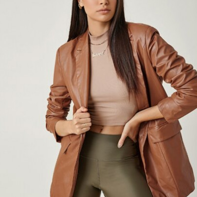 Lapel Neck PU Leather Blazer